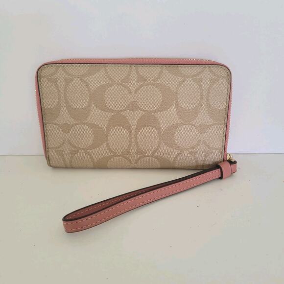 COACH Signature Phone Zippered Wallet With Strap 6 1/4 x 3 1/2 Pink Tan Medium - Picture 2 of 8